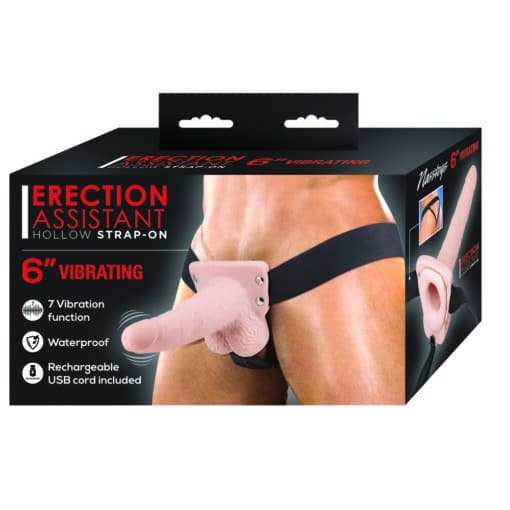 Erection Assistant Hollow Vibrating StrapOn 6 inch Flesh Pink