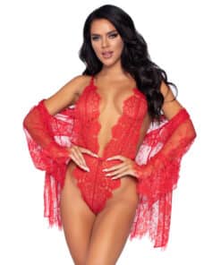 Leg Avenue Floral Lace Teddy and Robe Red