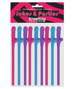 Lovetoy Pack Of 9 Willy Straws Blue Pink And Purple