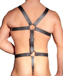 Mens Leather Adjustable Harness With Cock Ring